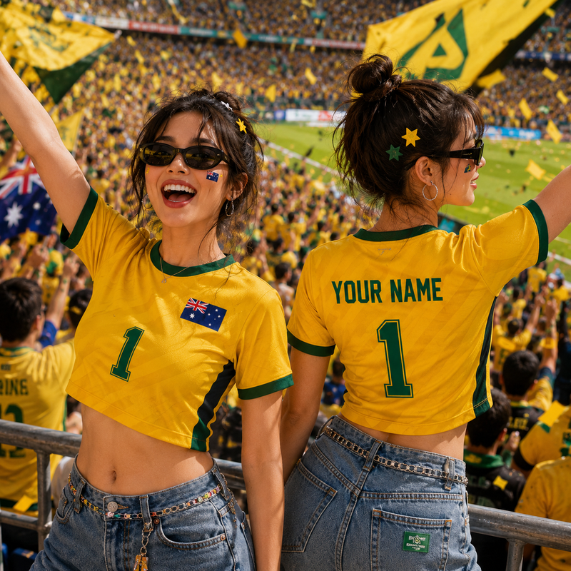 Australia Soccer Crop Top Jersey - Custom Name Number , Aussie Flag Design, Youth Sports Apparel