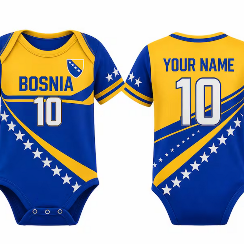 Custom Bosnia Baby Bodysuit, Personalized Name Number Soccer Baby Outfit, Bosnia Football Jersey Onesie, Newborn Fan Gift Bodysuit