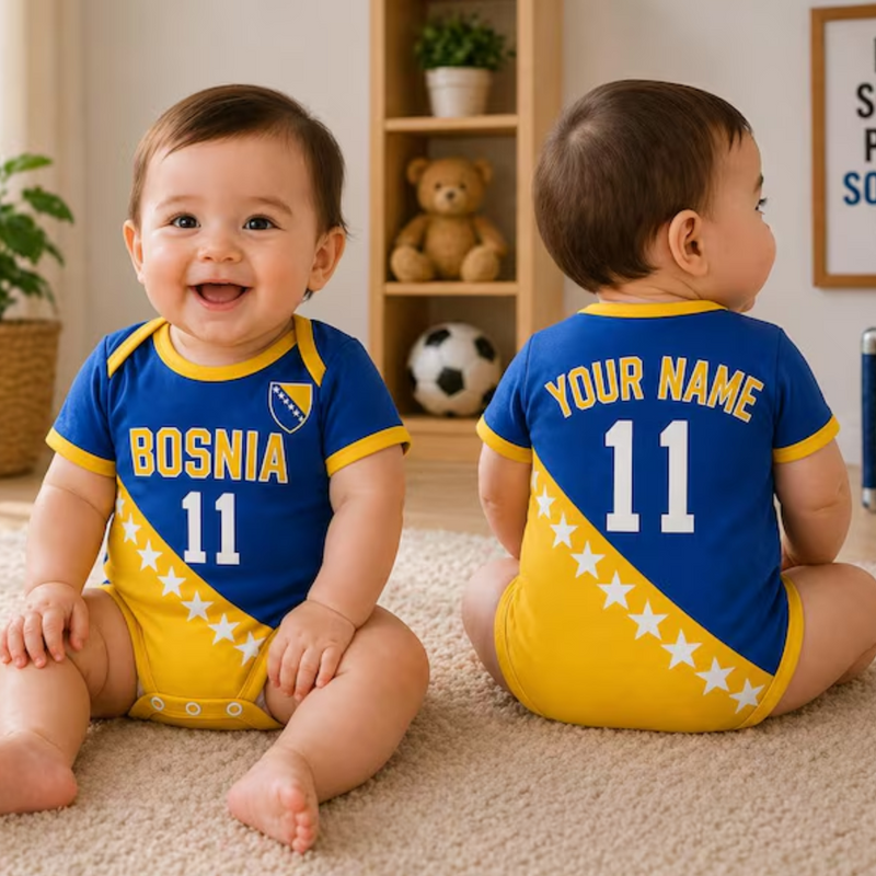 Custom Bosnia Baby Bodysuit, Personalized Name Number Soccer Baby Outfit, Bosnia Football Jersey Onesie, Newborn Fan Gift Bodysuit