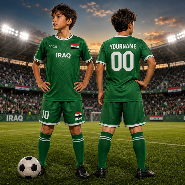 Customizable Iraq Soccer Jersey and Shorts Set, Personalized Football Kit, Green Fan Apparel
