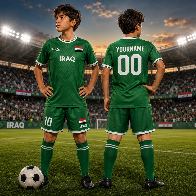 Customizable Iraq Soccer Jersey and Shorts Set, Personalized Football Kit, Green Fan Apparel