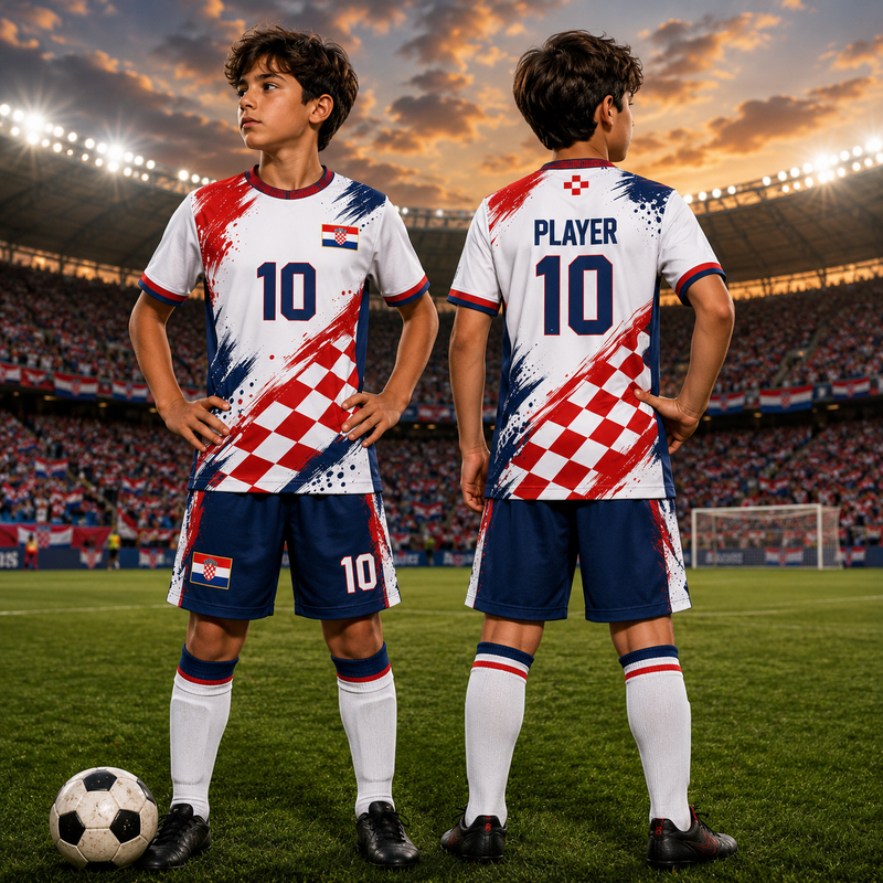 Kids Croatia Soccer Kit, Custom Name Number Jersey, Youth Football Uniform, Boys Shorts Set