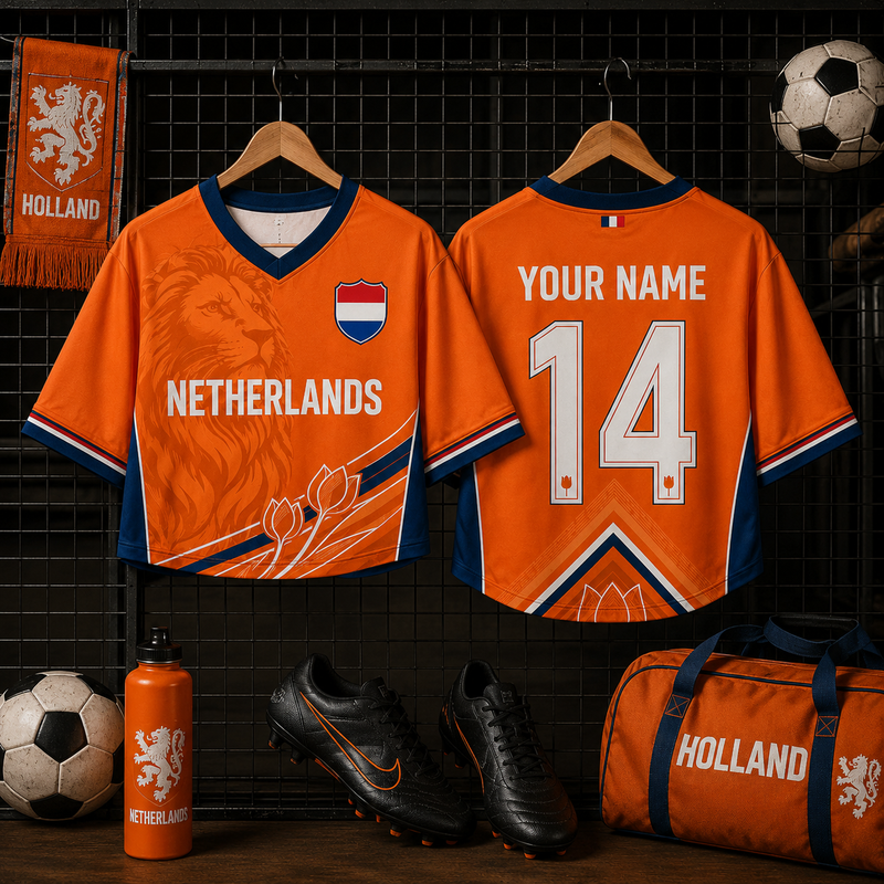 Netherlands Soccer Crop Top Jersey, Netherlands Futbol Shirt with Name Number, Personalized Dutch Football Crop Tee for Women