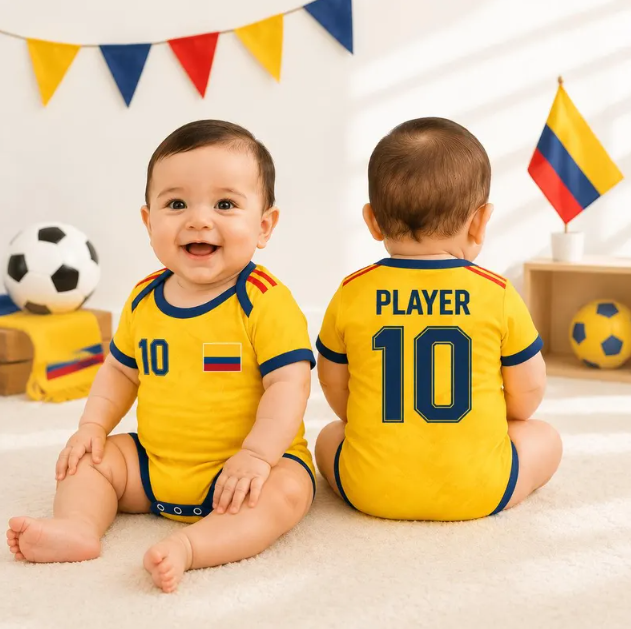 Colombia Baby Bodysuit Soccer Jersey, Custom Name & Number Infant Outfit, Yellow Football Onesie, Cute Baby Boy Sports Gift