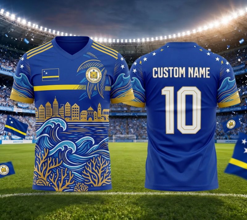Curacao Soccer Jersey Custom Name Number Shirt, Personalized Football Fan Gift, Blue Gold Curacao Team Jersey