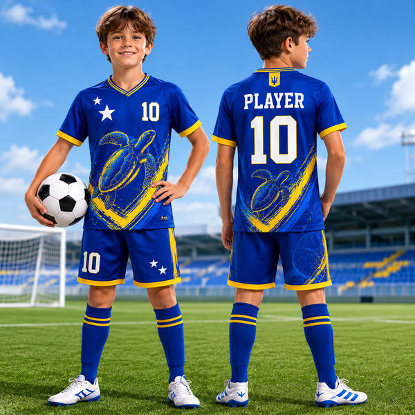 Custom Blue Yellow Soccer Jersey, Personalized Football Kit, Caribbean Style Sports Uniform