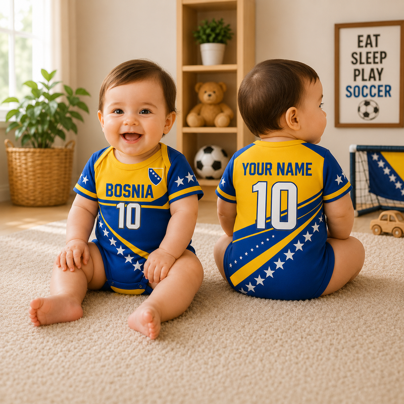 Custom Bosnia Baby Bodysuit, Personalized Name Number Soccer Baby Outfit, Bosnia Football Jersey Onesie, Newborn Fan Gift Bodysuit