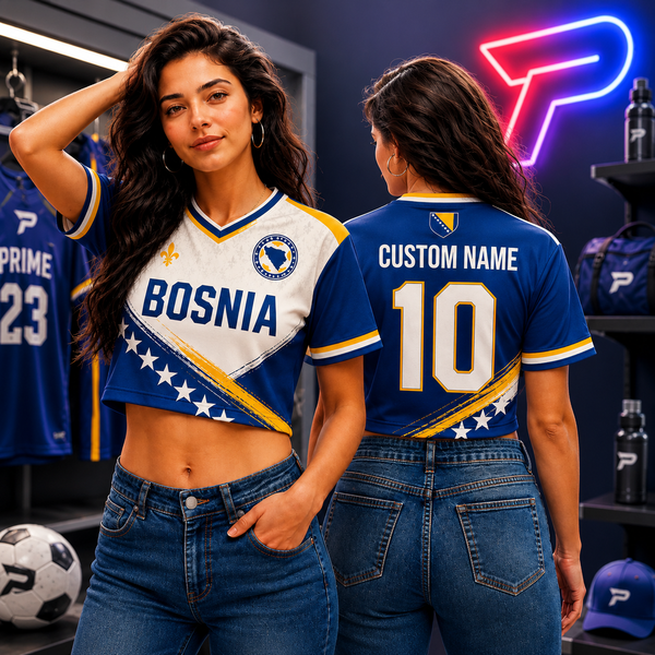 Custom Bosnia Soccer Crop Top Jersey, Personalized Soccer Jersey Crop Tee, Black Bachelorette Outfit, Festival Shirt, Football Fan