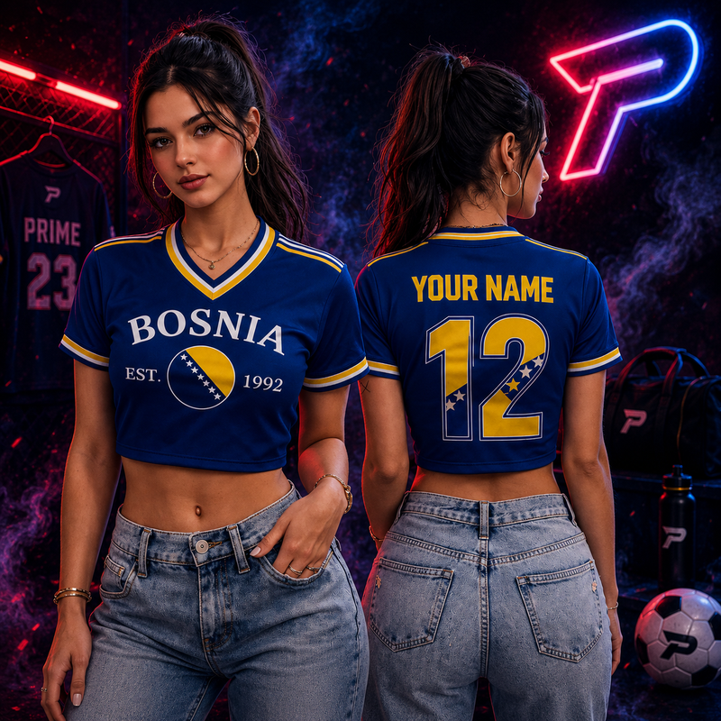 Custom Bosnia Soccer Crop Top Jersey, Personalized Soccer Jersey Crop Tee, Black Bachelorette Outfit, Festival Shirt, Football Fan