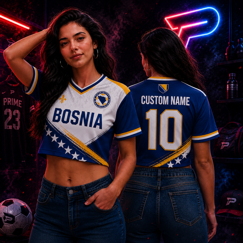 Custom Bosnia Soccer Crop Top Jersey, Personalized Soccer Jersey Crop Tee, Black Bachelorette Outfit, Festival Shirt, Football Fan