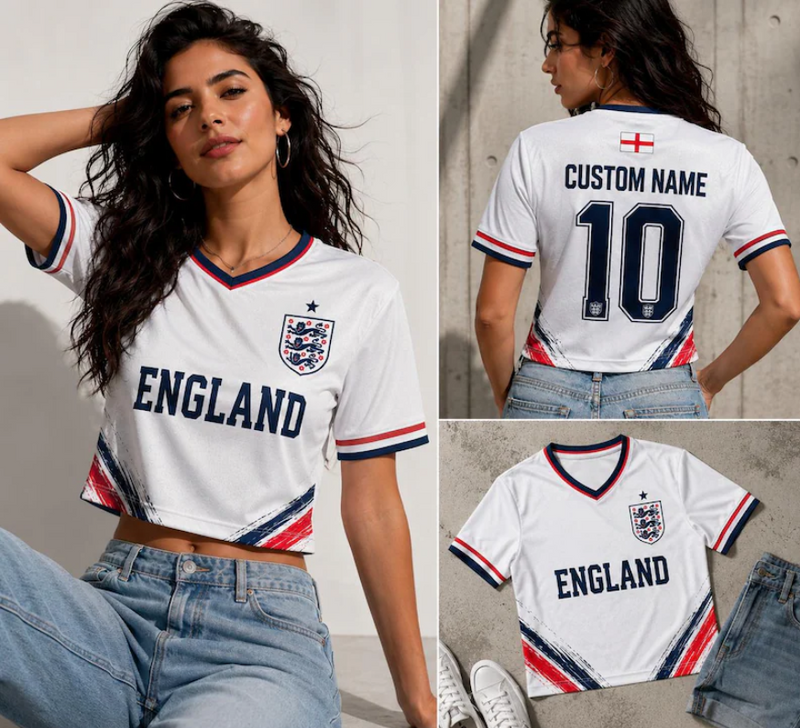 Custom England Soccer Crop Top Jersey, Personalized Soccer Jersey Crop Tee, Bachelorette Outfit, Festival Shirt, Football Fan