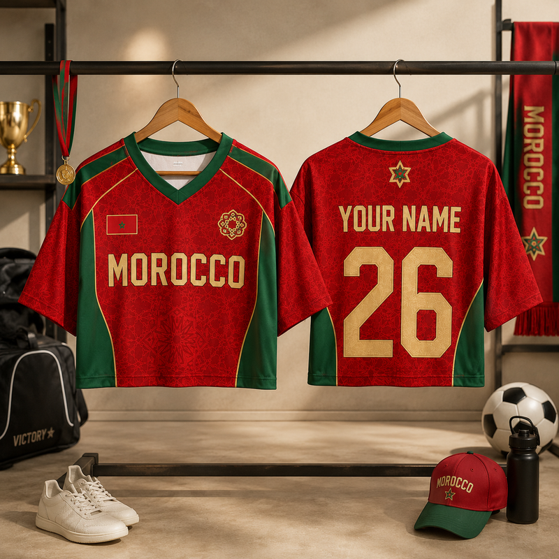 Custom Morocco Soccer Crop Top Jersey, Personalized Name Number Football Shirt, Women Game Day Outfit, Streetwear Sporty Fan Apparel