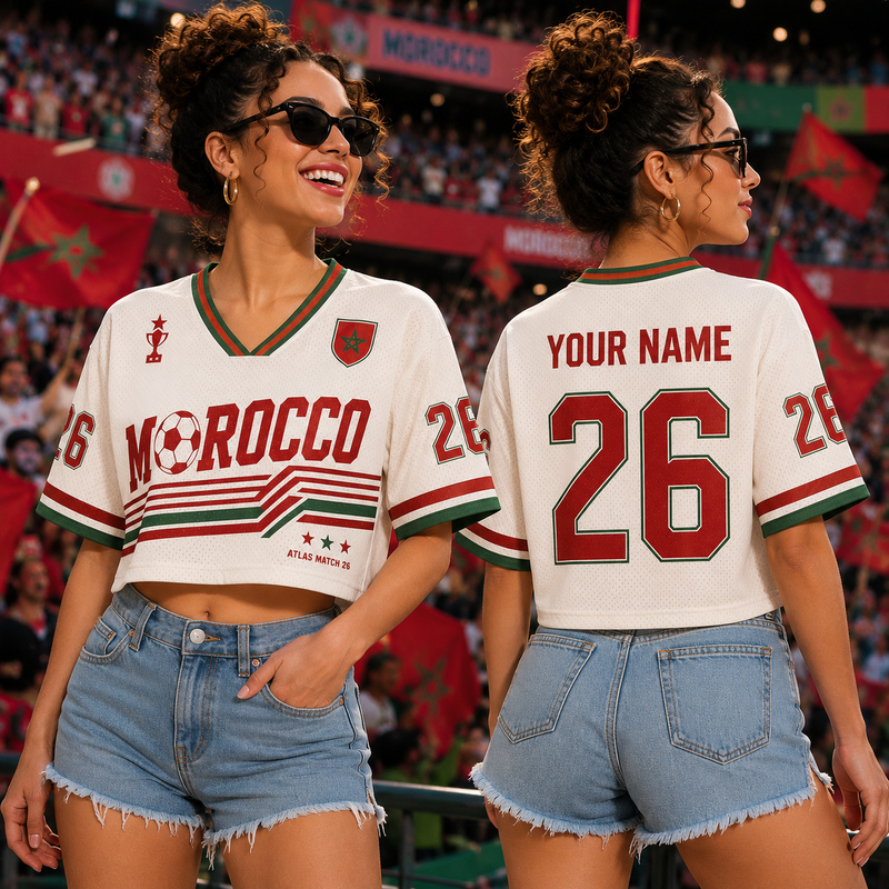 Custom Morocco Soccer Crop Top Jersey, Personalized Name Number Football Shirt, Women Game Day Outfit, Streetwear Sporty Fan Apparel