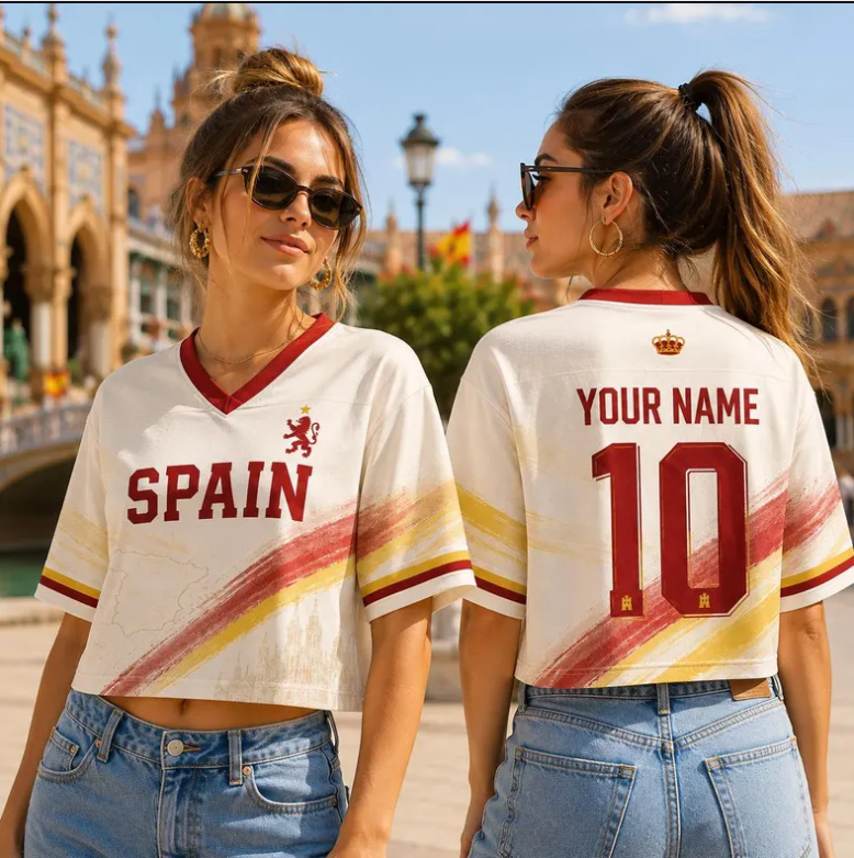 Custom Spain Croptop Football Jersey for Women, Personalized Soccer Crop Top, Trendy Sporty Girl Outfit, Spain 2026 Game Day Outfit