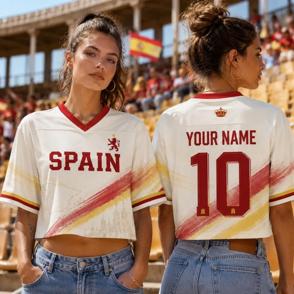 Custom Spain Croptop Football Jersey for Women, Personalized Soccer Crop Top, Trendy Sporty Girl Outfit, Spain 2026 Game Day Outfit