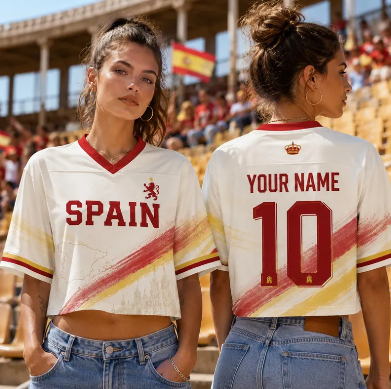 Custom Spain Croptop Football Jersey for Women, Personalized Soccer Crop Top, Trendy Sporty Girl Outfit, Spain 2026 Game Day Outfit