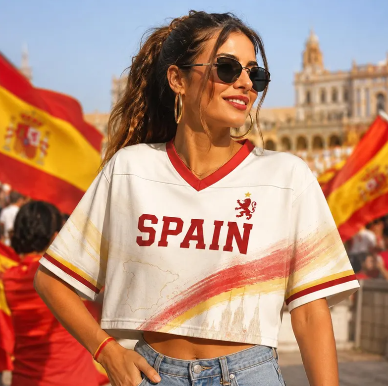 Custom Spain Croptop Football Jersey for Women, Personalized Soccer Crop Top, Trendy Sporty Girl Outfit, Spain 2026 Game Day Outfit