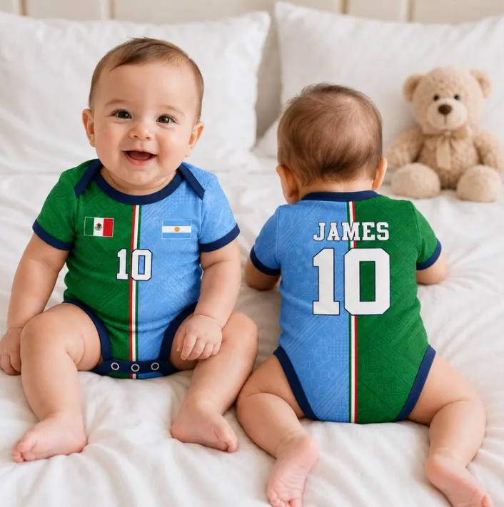 Custom 2026 Soccer Two Soccer Team Baby Bodysuit, Personalize Half Half Soccer Jersey, Mexico Aztec, USA, Canada Split Team, Newborn Jersey