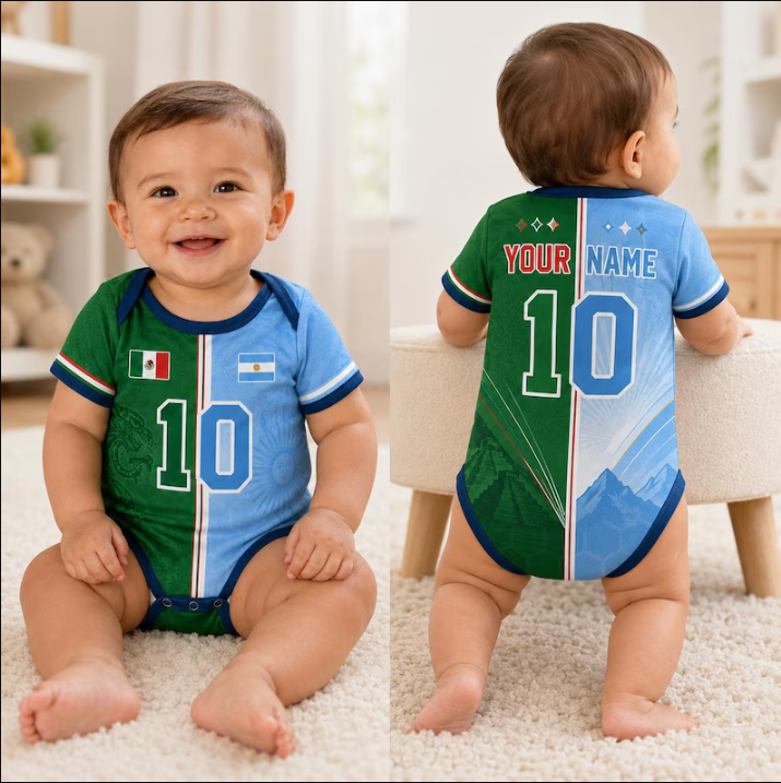 Custom 2026 Soccer Two Soccer Team Baby Bodysuit, Personalize Half Half Soccer Jersey, Mexico Aztec, USA, Canada Split Team, Newborn Jersey