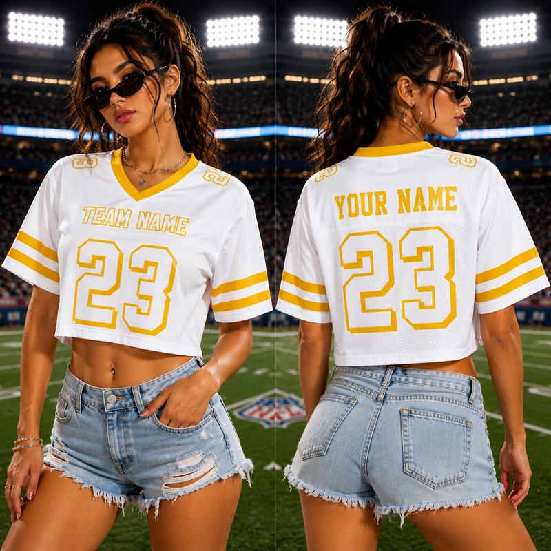 Custom Women Crop Football Jersey, Sequin Personalized Name & Number Team Shirt, Crop Top for Workout Dance Game Festival Cheerleader Outfit
