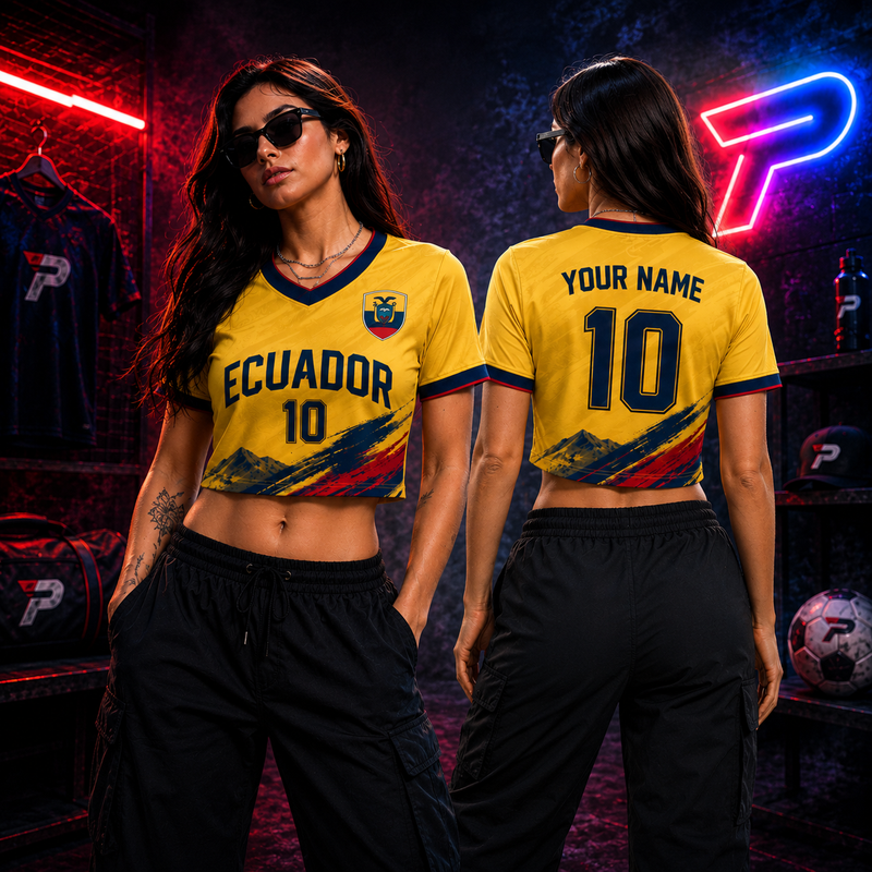 Ecuador Soccer Crop Top Jersey Custom Name Number Women Mesh Football Fan Shirt