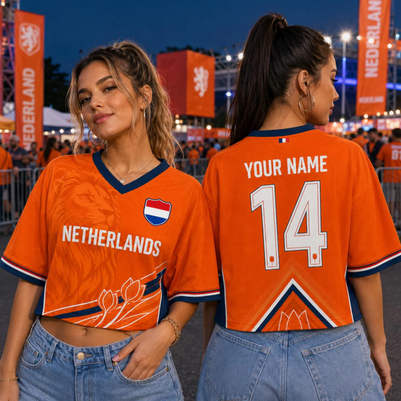 Netherlands Soccer Crop Top Jersey, Netherlands Futbol Shirt with Name Number, Personalized Dutch Football Crop Tee for Women