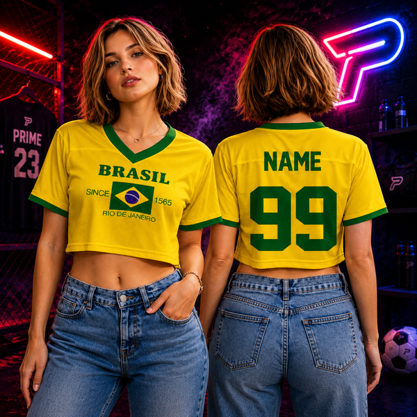 Personalized Brazil Football Crop Top, Custom Brasil National Team Jersey for Women, Trendy Cropped Soccer Fan Shirt, Brazil Pride Top