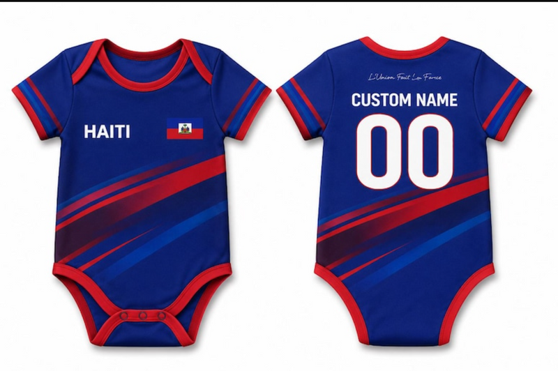 Personalized Haiti Baby Soccer Bodysuit, Custom Name Number Infant Football Onesie, Haiti Fan Baby Outfit, Haiti Jersey Romper Gift
