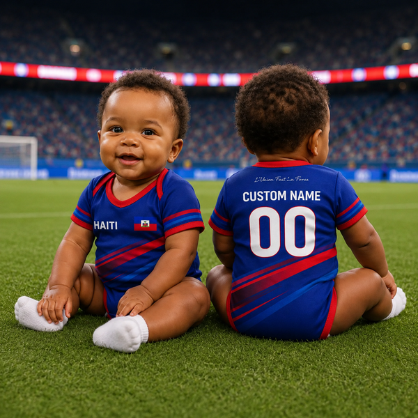 Personalized Haiti Baby Soccer Bodysuit, Custom Name Number Infant Football Onesie, Haiti Fan Baby Outfit, Haiti Jersey Romper Gift