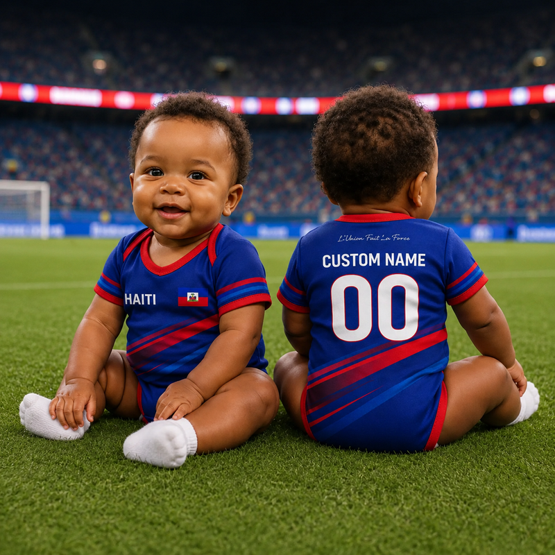 Personalized Haiti Baby Soccer Bodysuit, Custom Name Number Infant Football Onesie, Haiti Fan Baby Outfit, Haiti Jersey Romper Gift