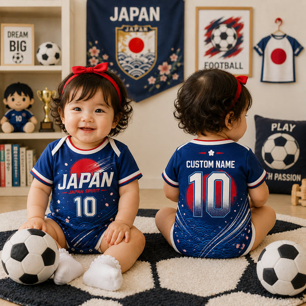 Personalized Japan Baby Girl Bodysuit, Custom Name Number Soccer Onesie, Japan Inspired Infant Outfit, Football Fan Baby Romper Gift
