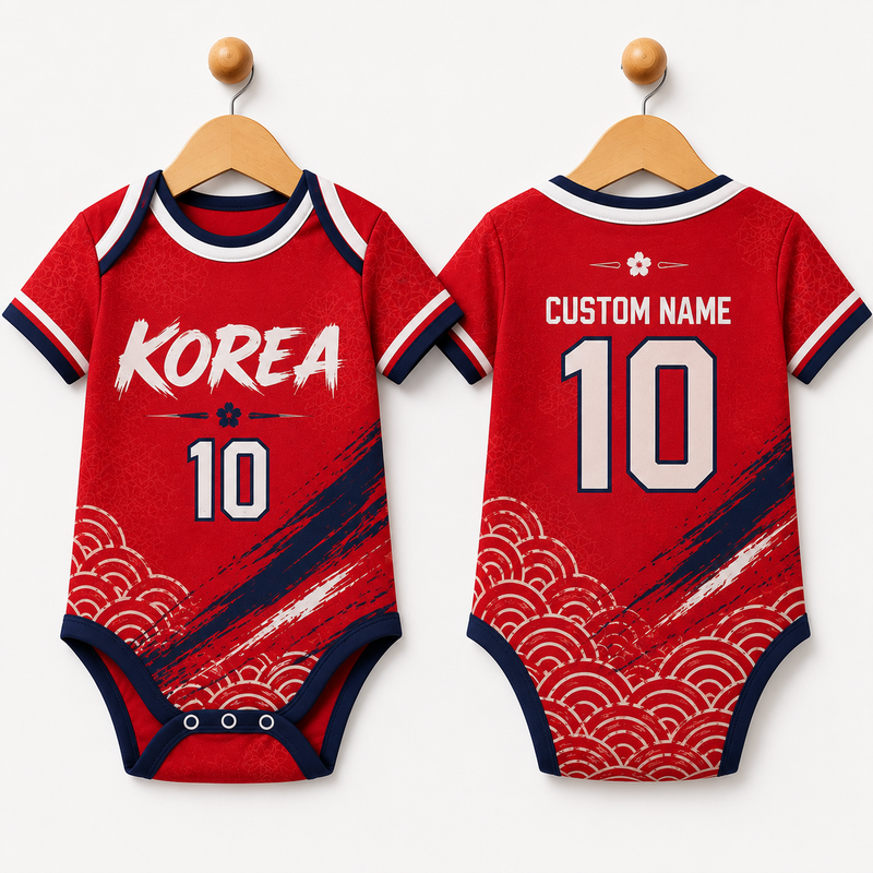 Personalized Korea Baby Bodysuit, Custom Name Number Soccer Onesie, Korea Inspired Infant Outfit, Football Fan Baby Romper, Newborn Gift