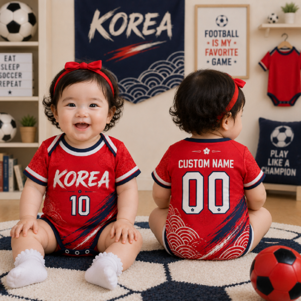 Personalized Korea Baby Bodysuit, Custom Name Number Soccer Onesie, Korea Inspired Infant Outfit, Football Fan Baby Romper, Newborn Gift