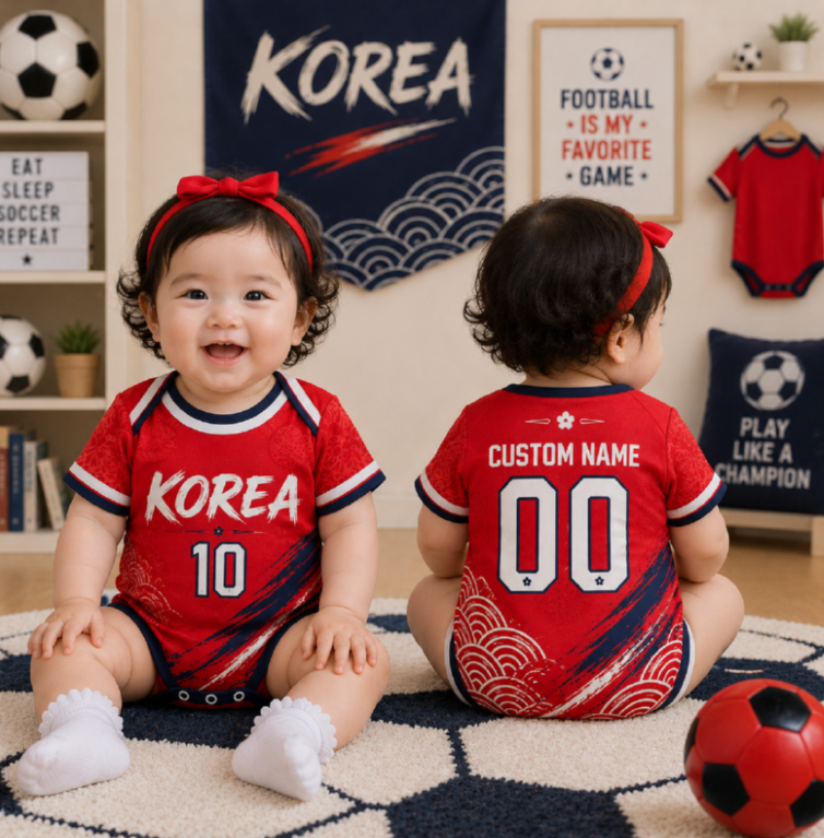 Personalized Korea Baby Bodysuit, Custom Name Number Soccer Onesie, Korea Inspired Infant Outfit, Football Fan Baby Romper, Newborn Gift