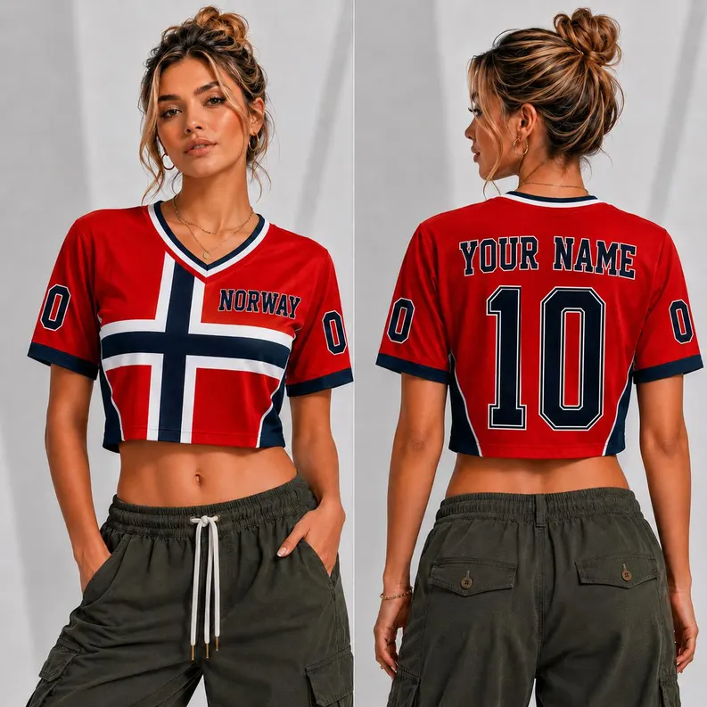 Custom Norway Crop Jersey, Personalized Soccer Football Shirt, Women’s Cropped Football Top, Norway Fan Streetwear, Gift for Her