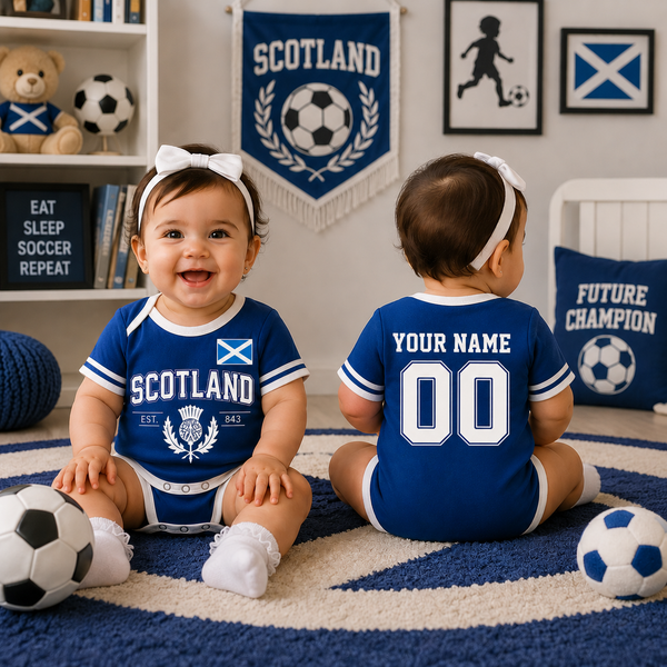 Personalized Scotland Baby Bodysuit, Custom Name Number Soccer Onesie, Scotland Inspired Infant Outfit, Football Fan Baby Romper Gift