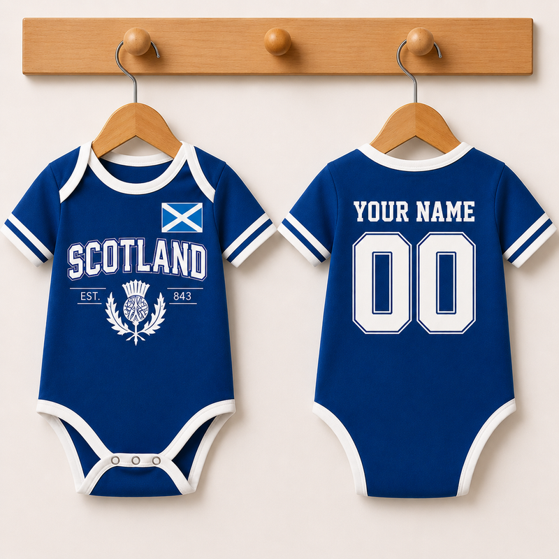Personalized Scotland Baby Bodysuit, Custom Name Number Soccer Onesie, Scotland Inspired Infant Outfit, Football Fan Baby Romper Gift