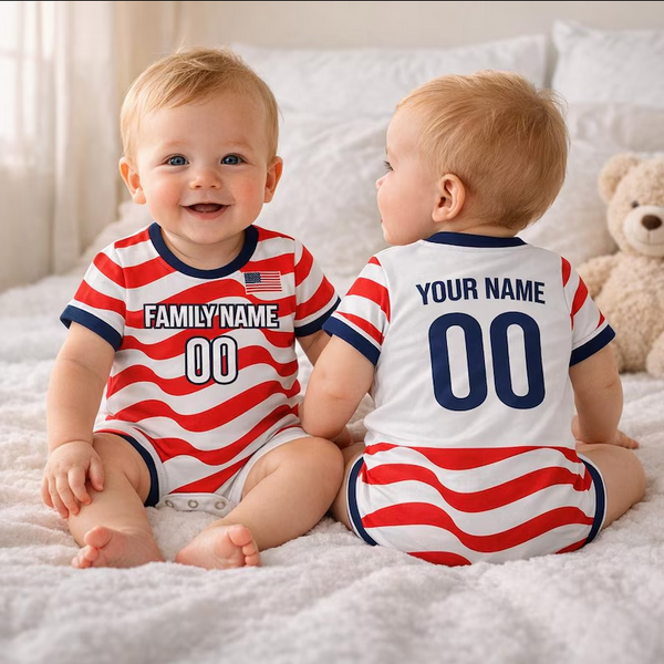 USA Baby Soccer Bodysuit, Personalized USA Football Jersey, Custom Name Number Infant Outfit, American Flag Baby Romper, USA Fan Baby Gift