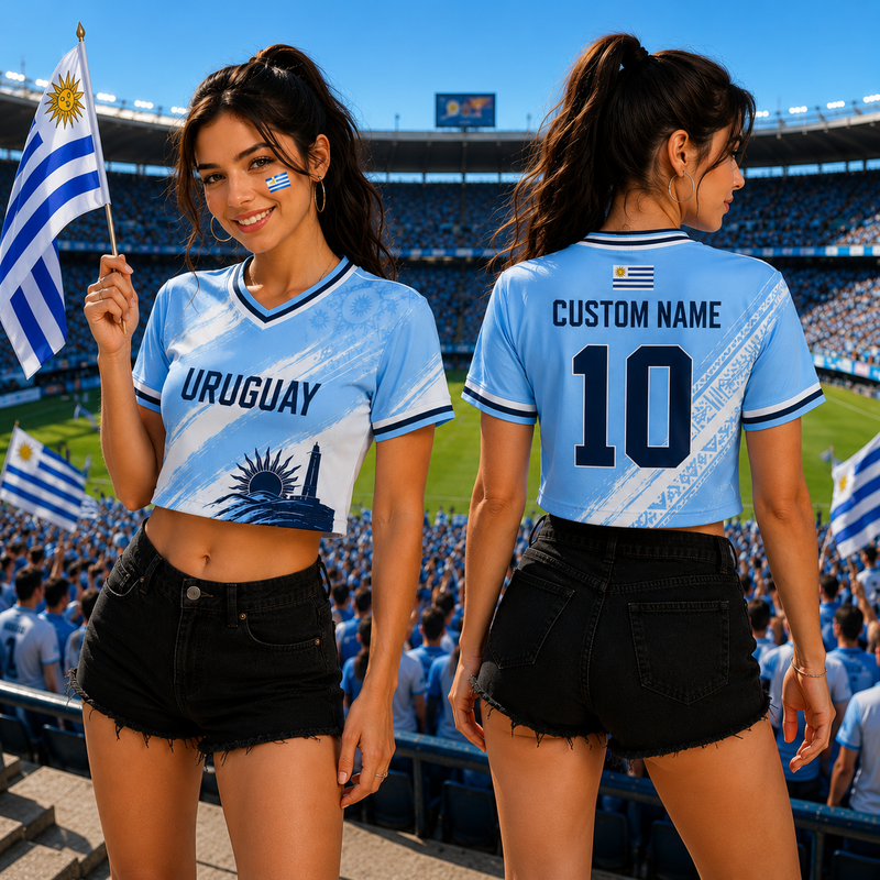 Personalized Uruguay Soccer Crop Top Jersey, Custom Name Number Uruguay Football Shirt, Women Retro Soccer Crop Tee Fan Gift