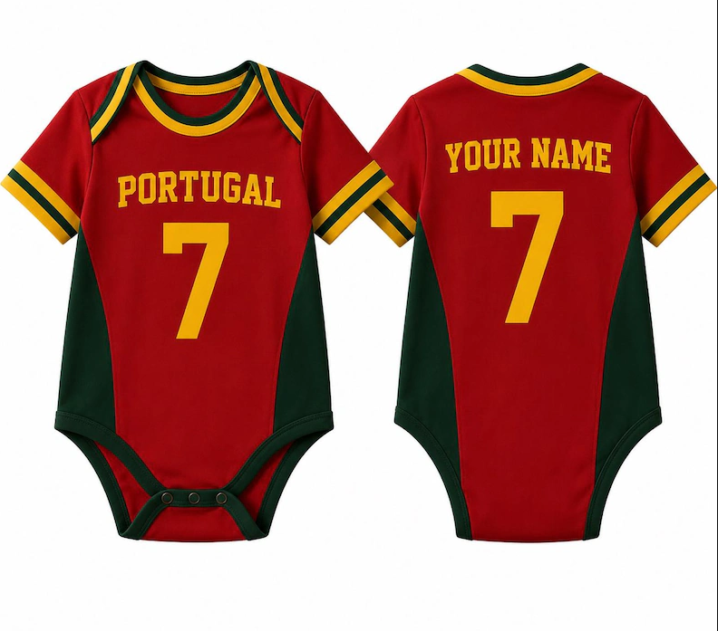 Portugal Baby Bodysuit, Personalized Soccer Jersey for Infants, Custom Name & Number