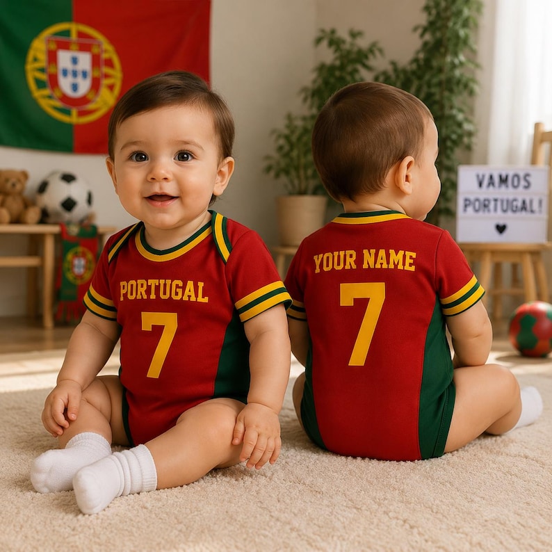 Portugal Baby Bodysuit, Personalized Soccer Jersey for Infants, Custom Name & Number
