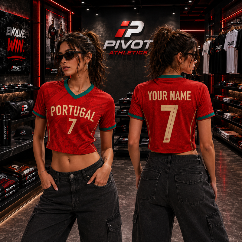 Portugal Soccer Crop Top Jersey – Personalized Name Number, Women Mesh Football Shirt, Fan Apparel