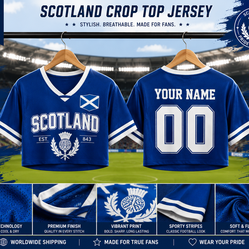 Personalized Scotland Football Crop Top, Custom Scotland National Team Jersey for Women, Trendy Cropped Soccer Fan Shirt, Scotland Pride Top