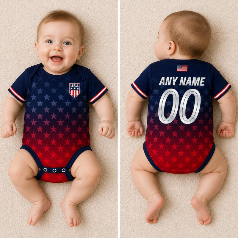 USA Baby Soccer Bodysuit, Personalized USA Football Jersey, Custom Name Number Infant Outfit, American Flag Baby Romper, USA Fan Baby Gift