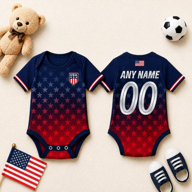 USA Baby Soccer Bodysuit, Personalized USA Football Jersey, Custom Name Number Infant Outfit, American Flag Baby Romper, USA Fan Baby Gift