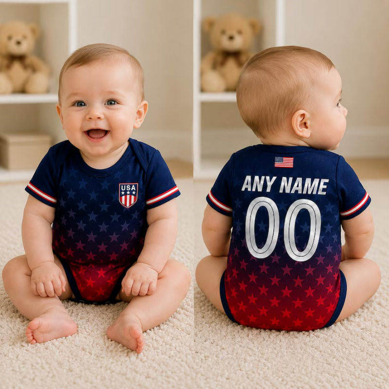 USA Baby Soccer Bodysuit, Personalized USA Football Jersey, Custom Name Number Infant Outfit, American Flag Baby Romper, USA Fan Baby Gift