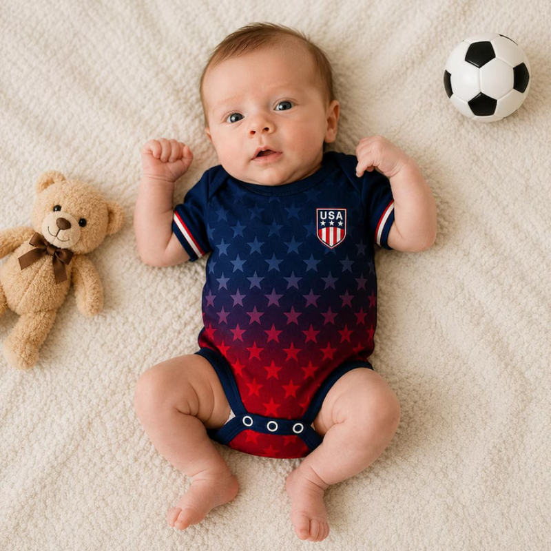 USA Baby Soccer Bodysuit, Personalized USA Football Jersey, Custom Name Number Infant Outfit, American Flag Baby Romper, USA Fan Baby Gift