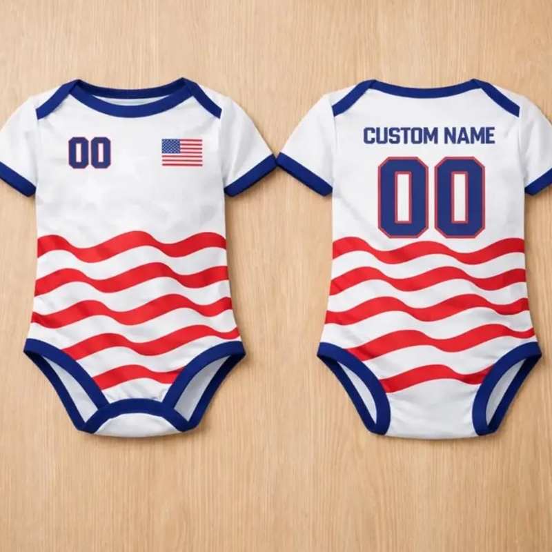 USA Baby Soccer Bodysuit, Personalized USA Football Jersey, Custom Name Number Infant Outfit, American Flag Baby Romper, USA Fan Baby Gift