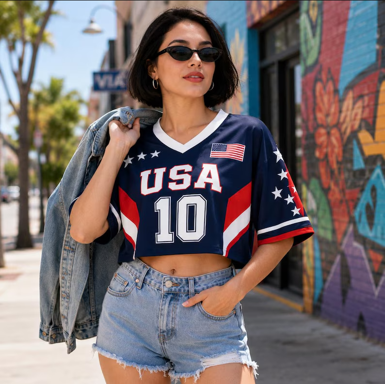 Personalized USA Soccer Crop Top Jersey, Custom Name Number Shirt, 2026 USA Football Fan Crop Top Tee for Women