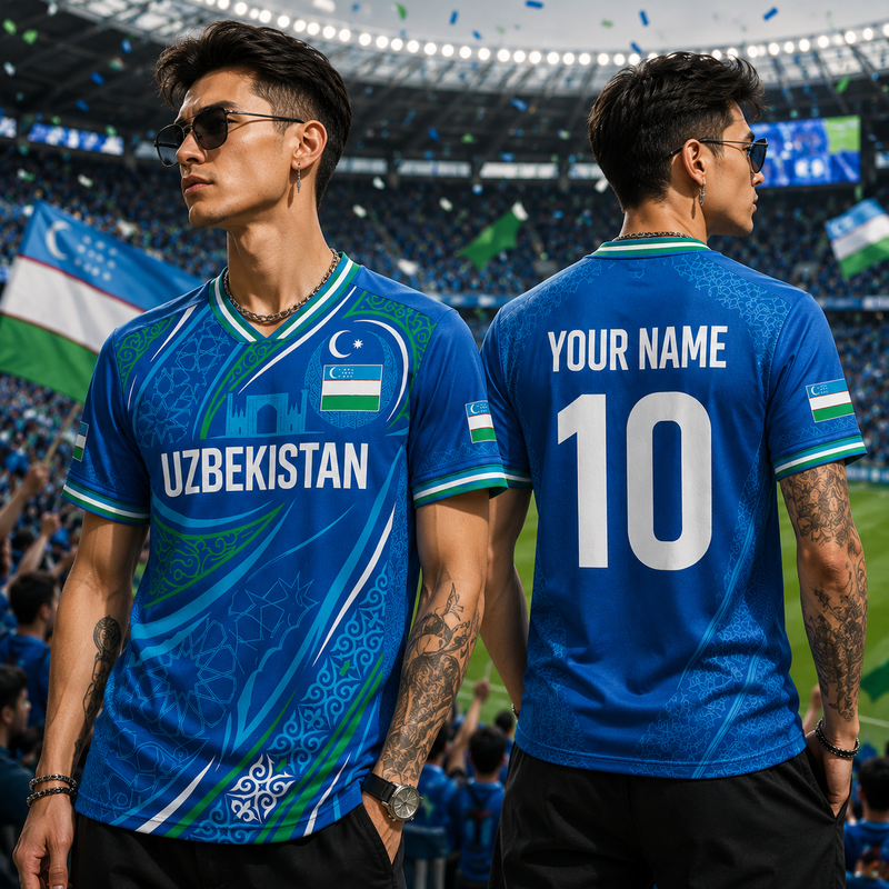 Uzbekistan Football Jersey  Uzbek Supporter Soccer Shirt  Men's National Team Apparel  Uzbek Pride Tee  Blue Pattern Sports Top